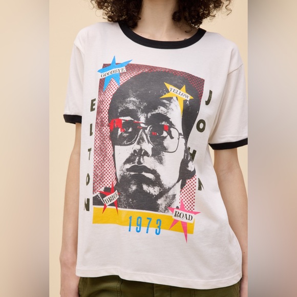 Daydreamer Elton John Pop Art Goodbye Yellow Brick Road Oversized Ringer Tee NWT - Picture 1 of 10